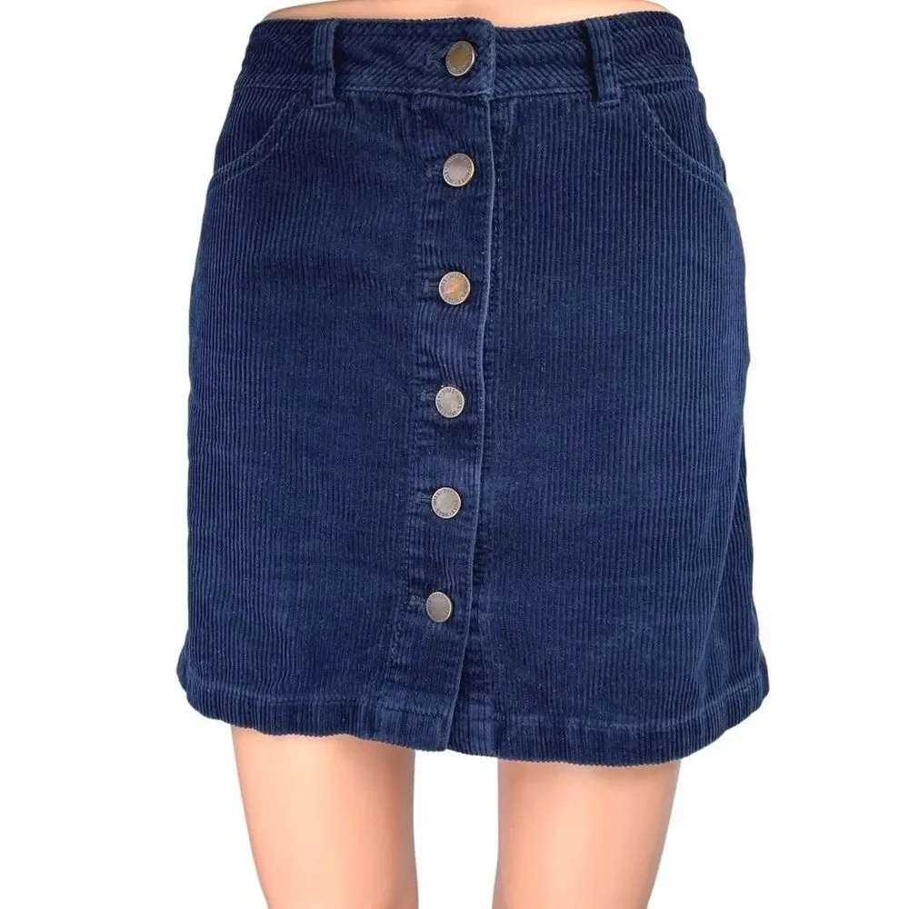 Miss Selfridge Corduroy Button-Front A-Line Skirt in Navy